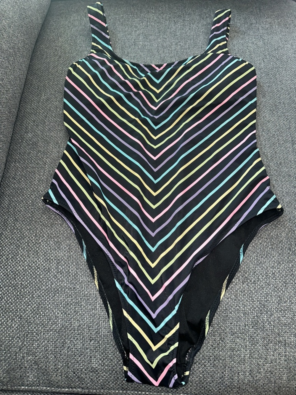 Black One-Piece Swimsuit with Multicolor Stripes
